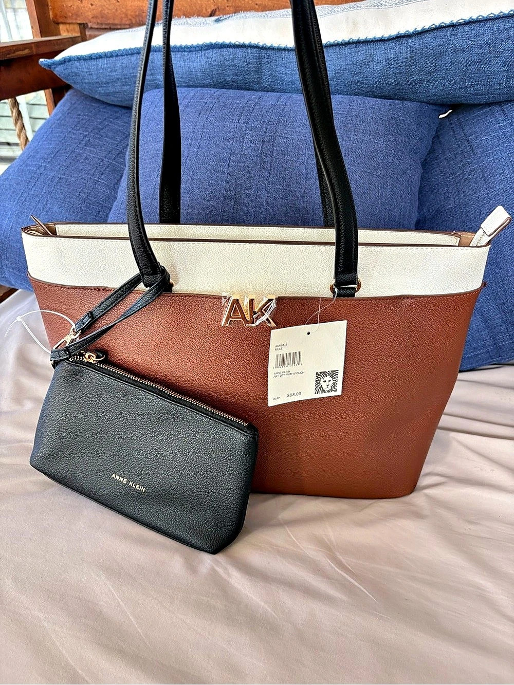 NWT Anne Klein Colorblock Tote Bag With Pouch Brown White Black Set